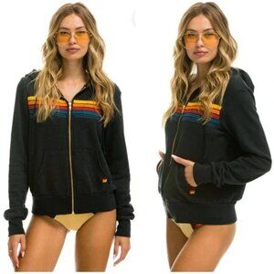 AVIATOR NATION 5 Stripe Hoodie Sweatshirt in Charcoal Large